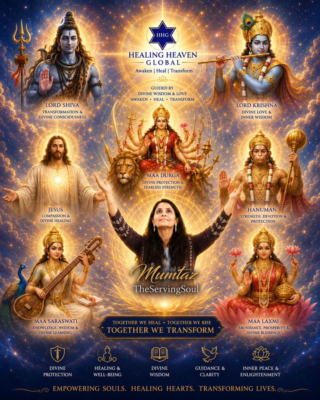 Mumtaz TheServingSoul surrounded by the Divine Masters β Shiva, Krishna, Jesus, Durga, Hanuman, Saraswati and Laxmi